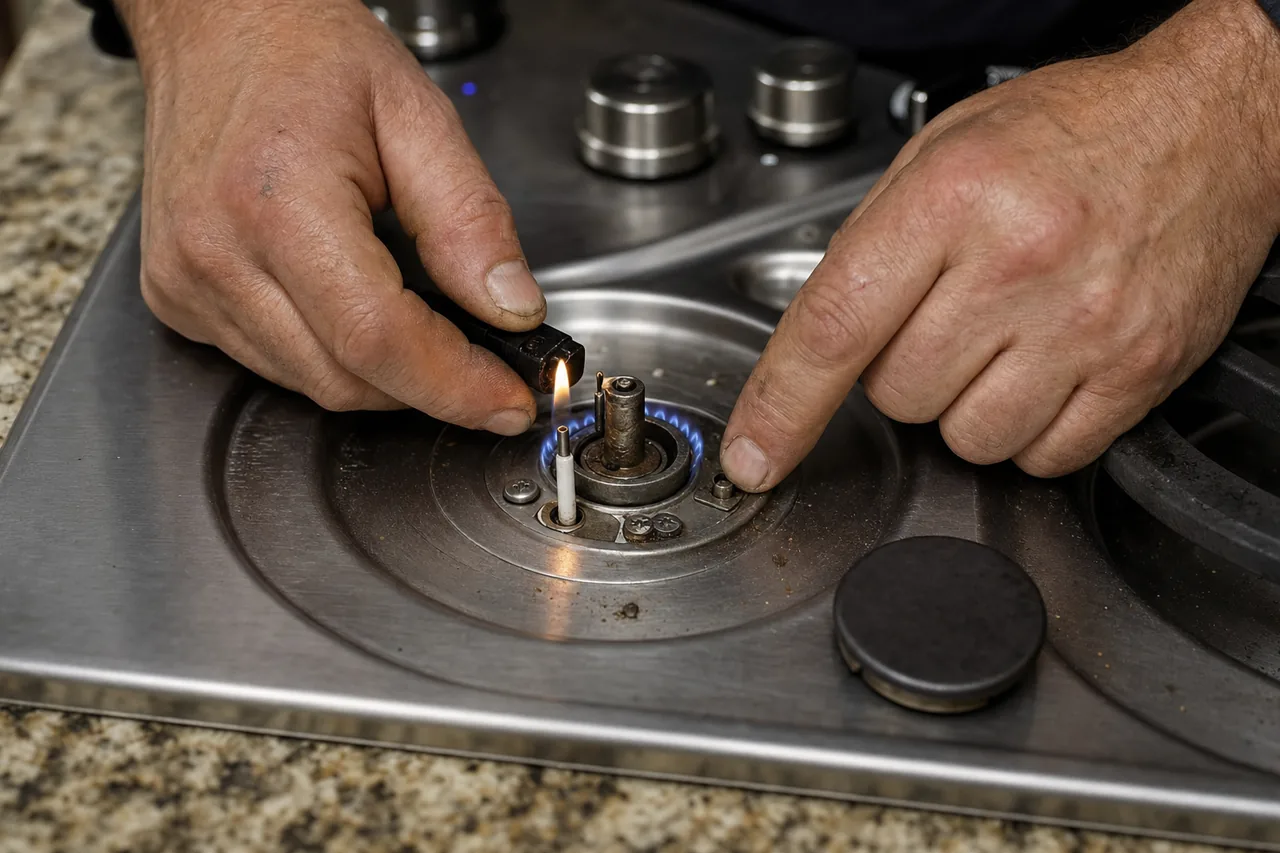 Technician adjusting a gas cooktop burner in a Manhasset kitchen