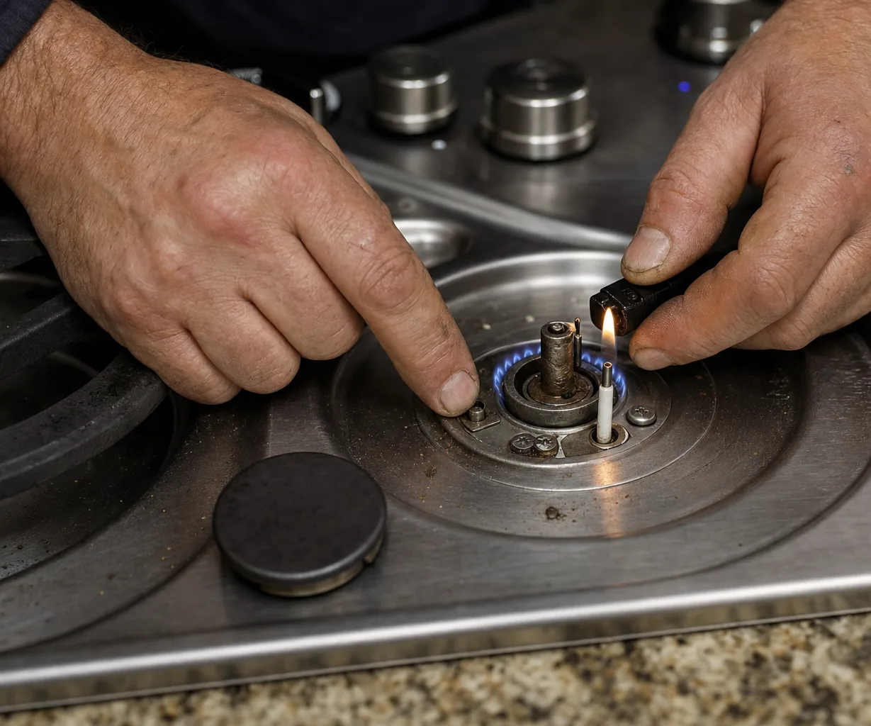 Technician adjusting a gas cooktop burner