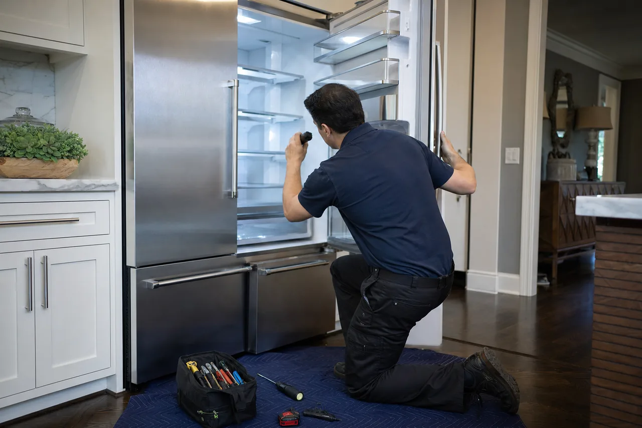Technician repairing a built-in refrigerator up close