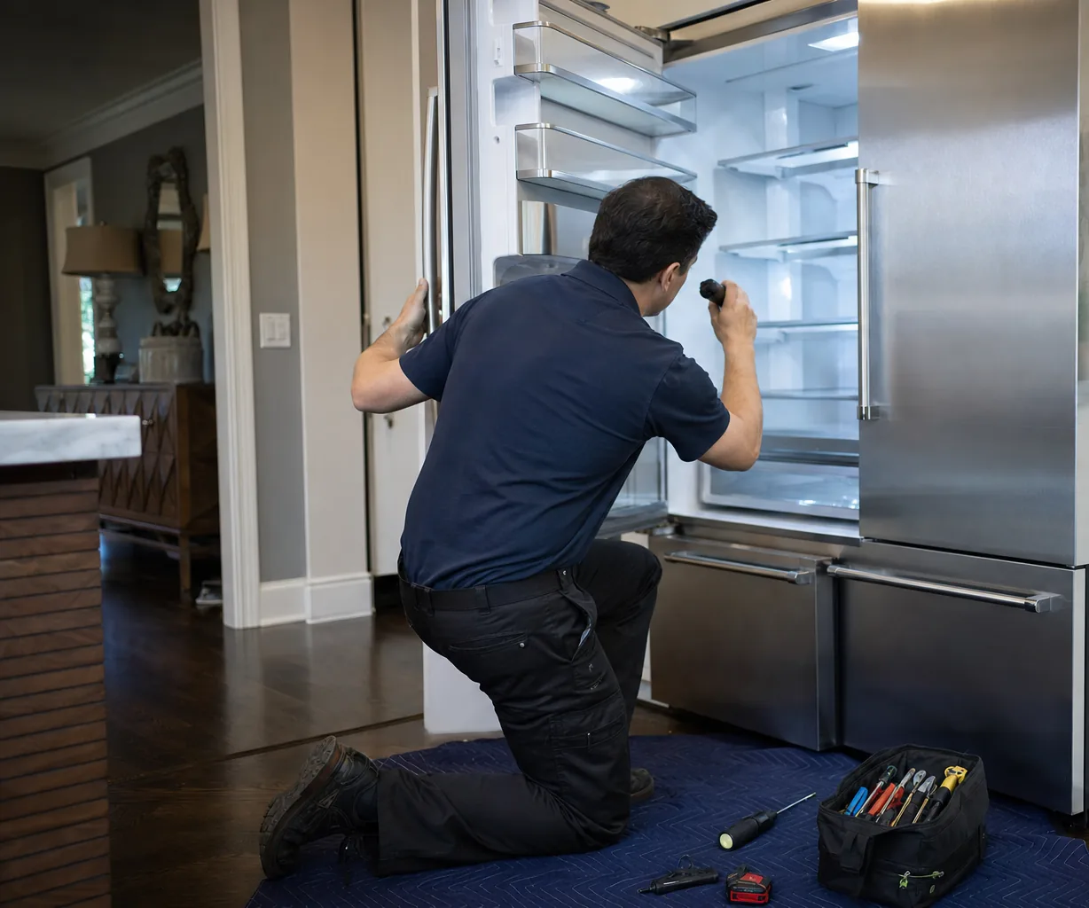 Technician repairing a built-in refrigerator up close