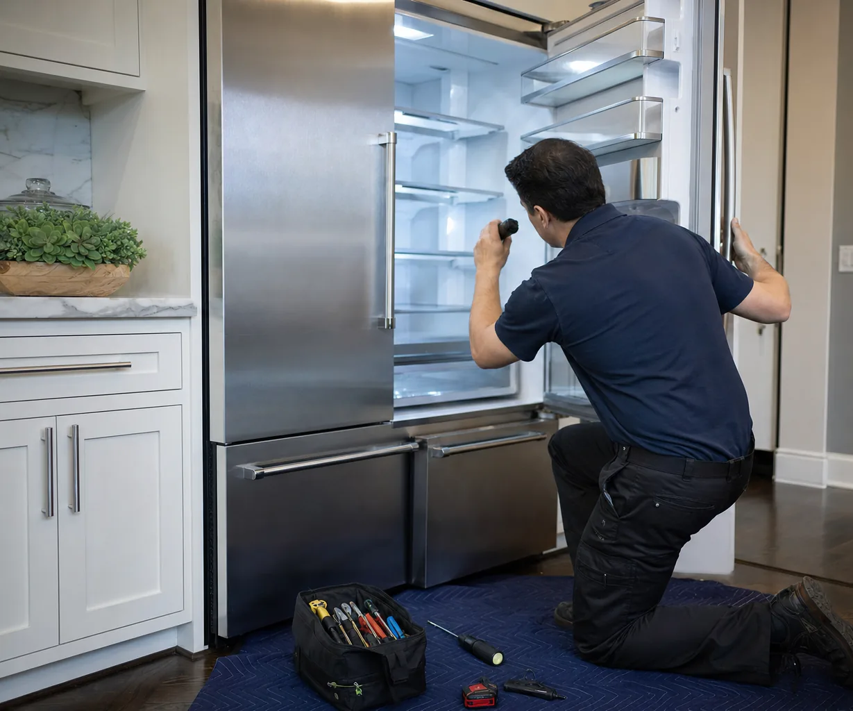 Technician repairing a built-in refrigerator up close