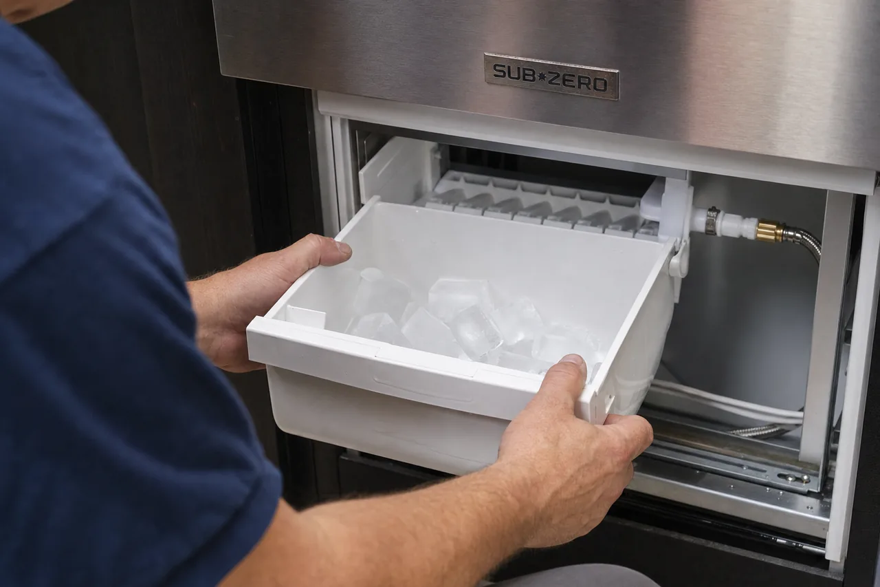 Technician servicing a built-in ice maker up close