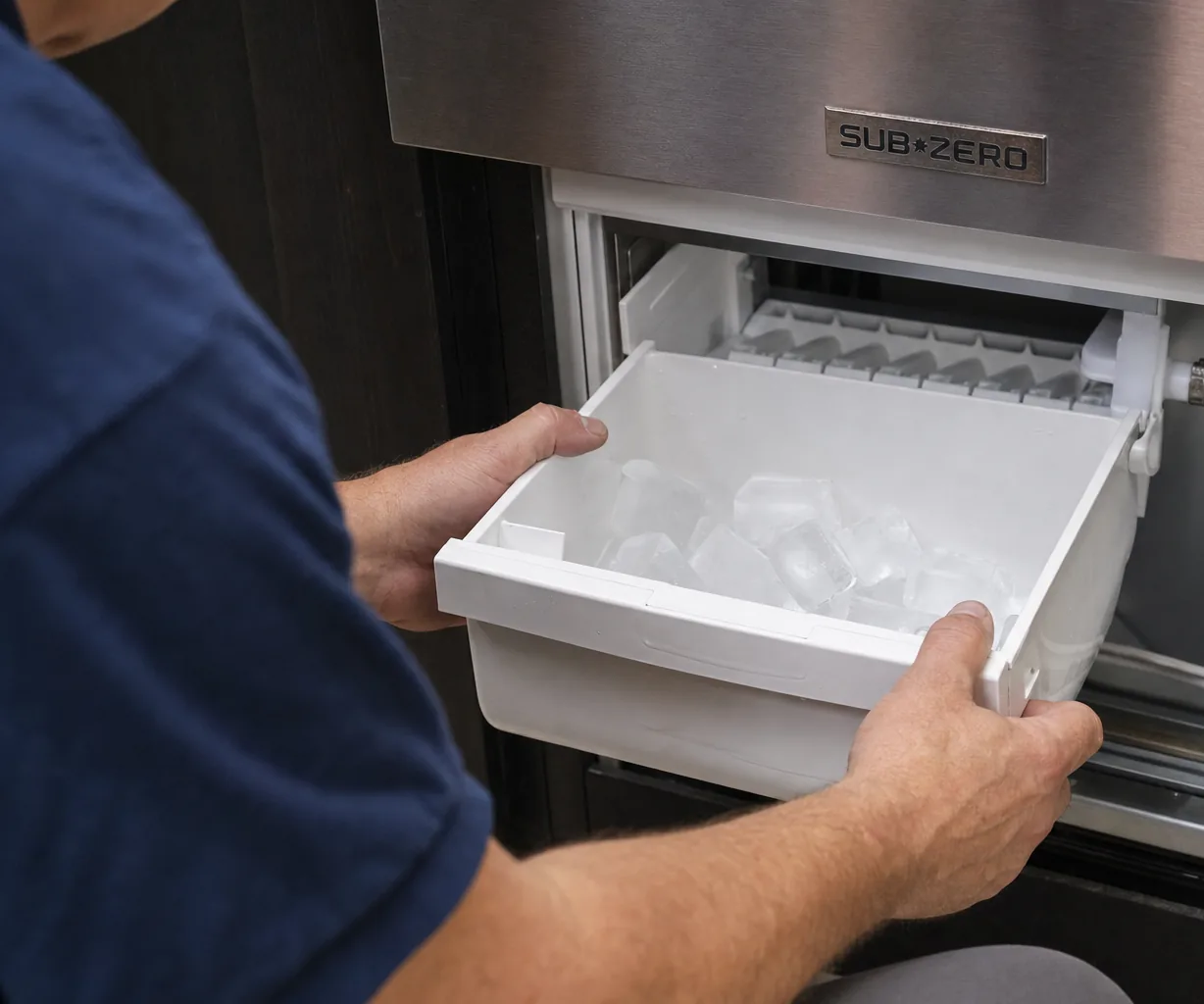 Technician servicing a built-in ice maker in a Manhasset kitchen