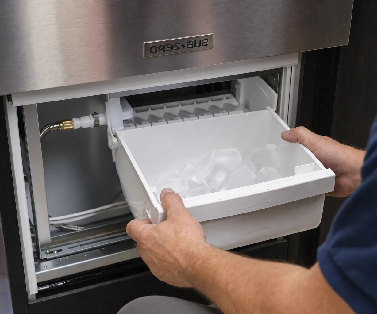 Technician servicing a built-in ice maker mid-repair