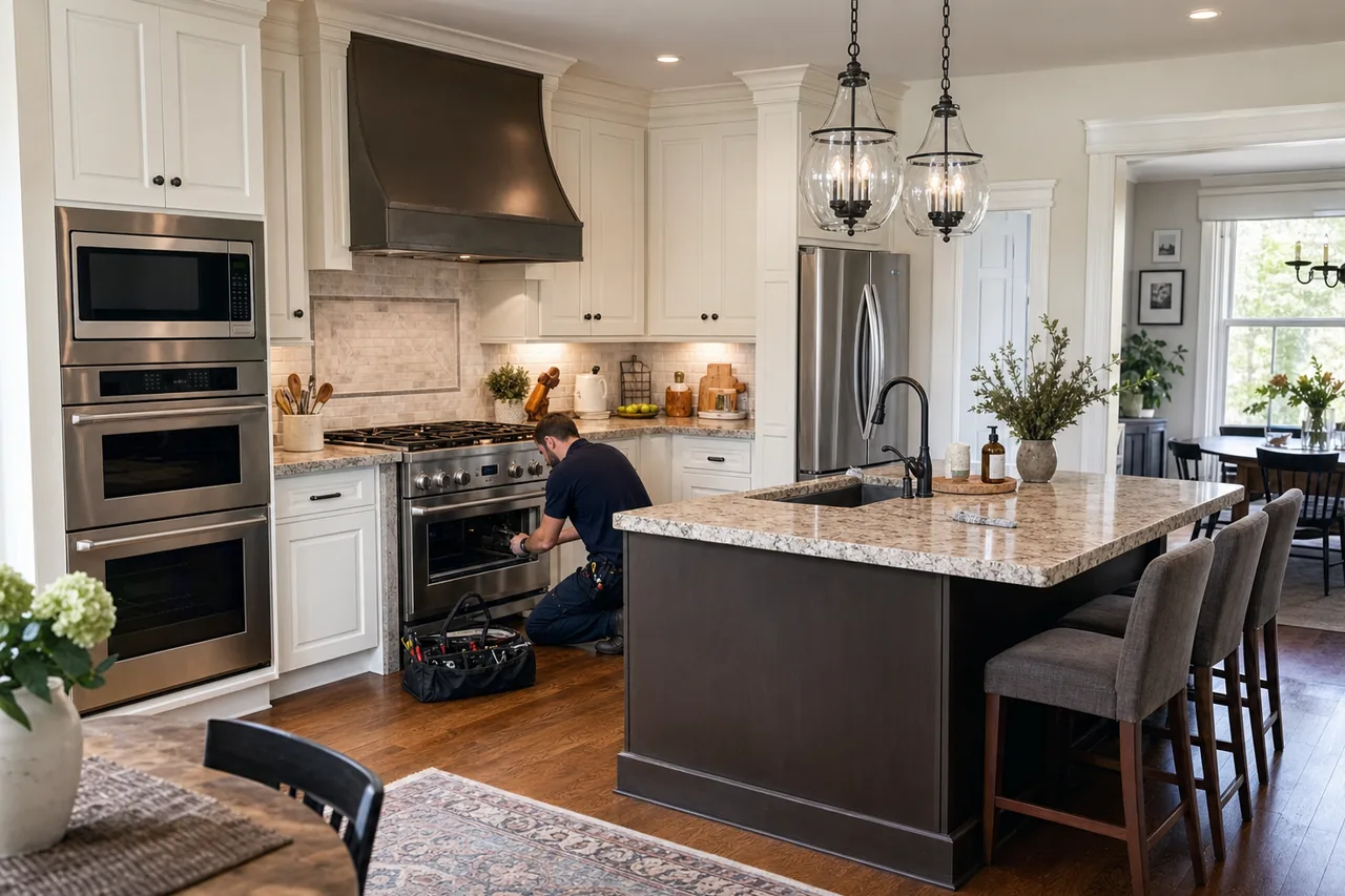 A luxury kitchen with built-in stainless appliances in a Manhasset kitchen