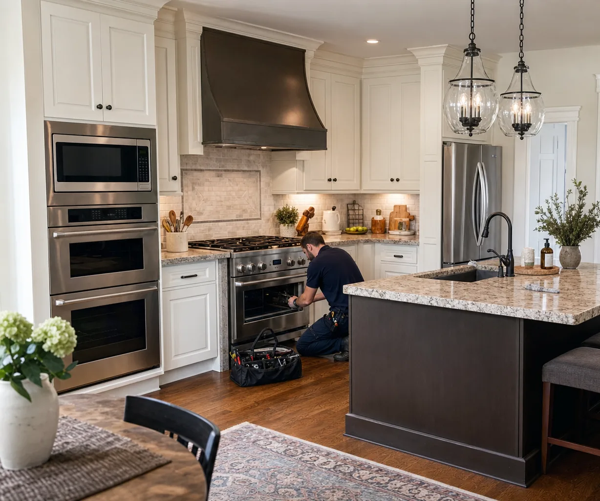 A luxury kitchen with built-in stainless appliances up close