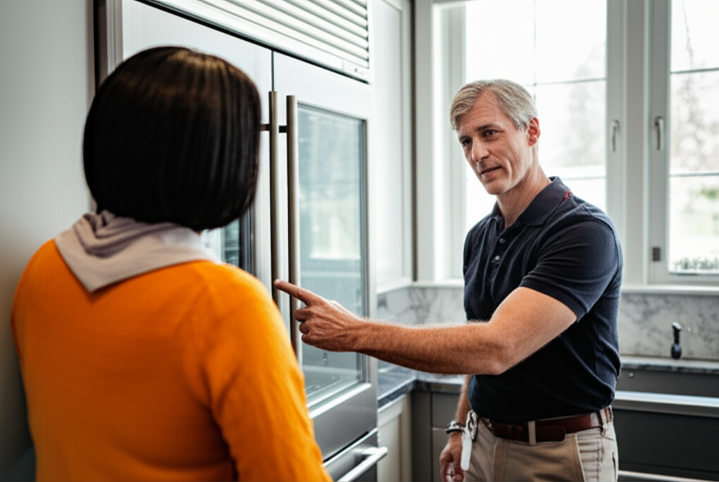 Professional technician consulting with homeowner