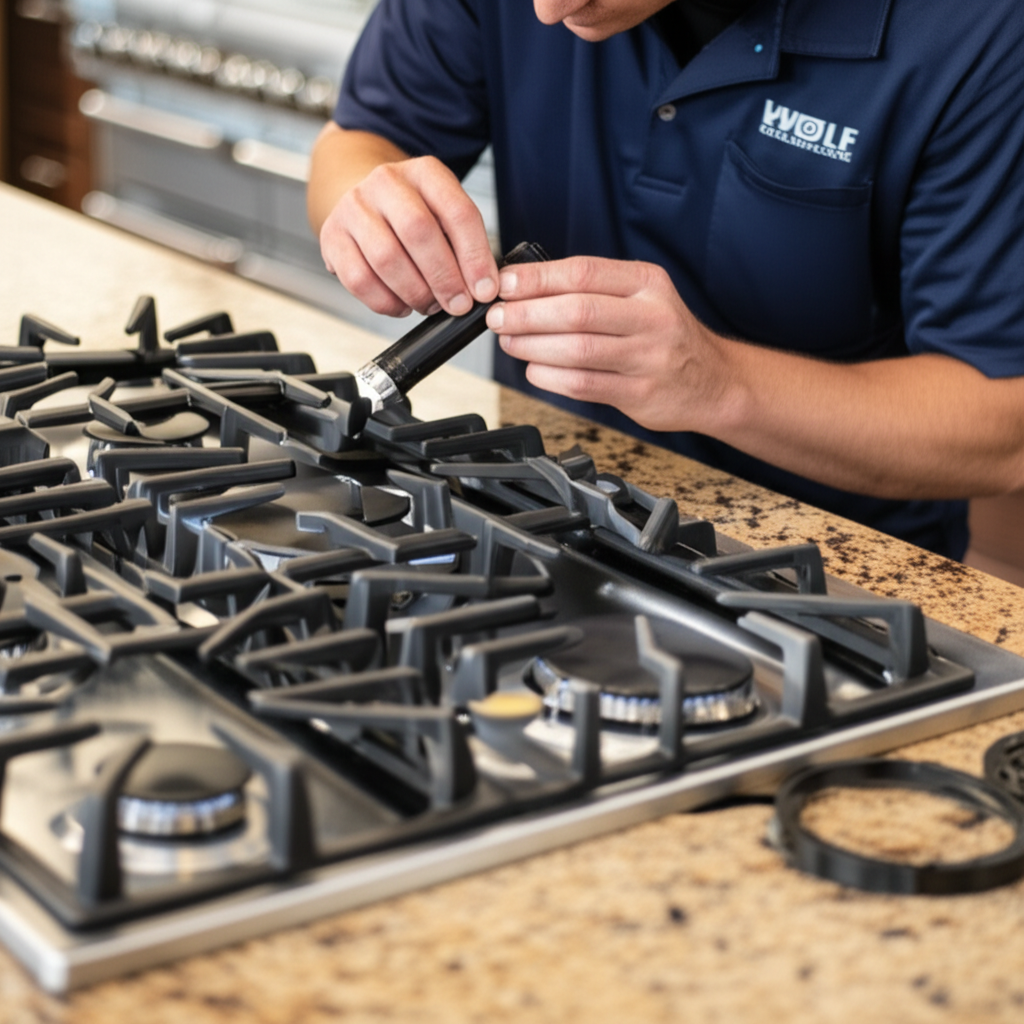 Appliance specialist working on gas cooktop