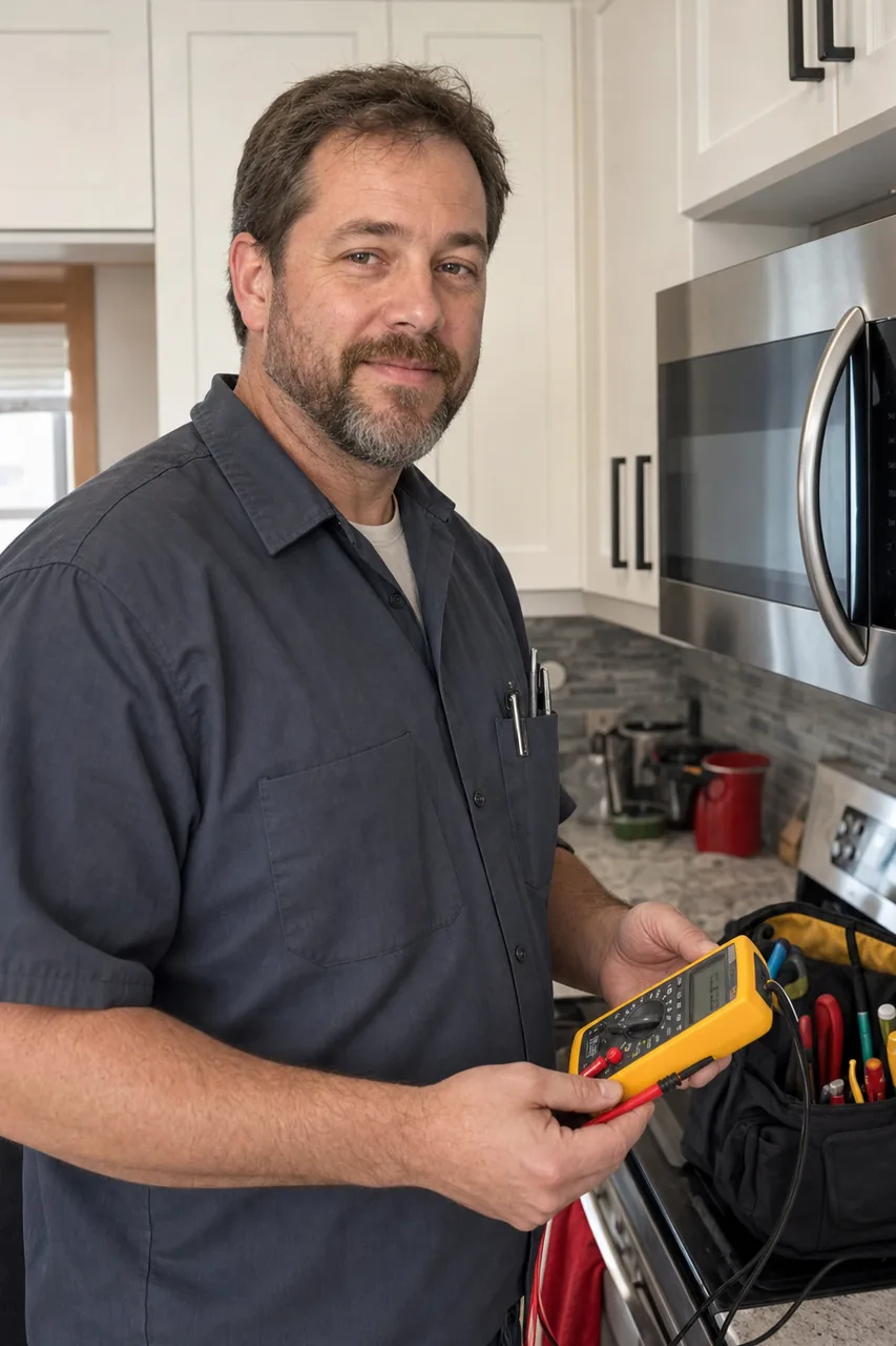 An appliance repair technician in a Manhasset kitchen holding a multimeter