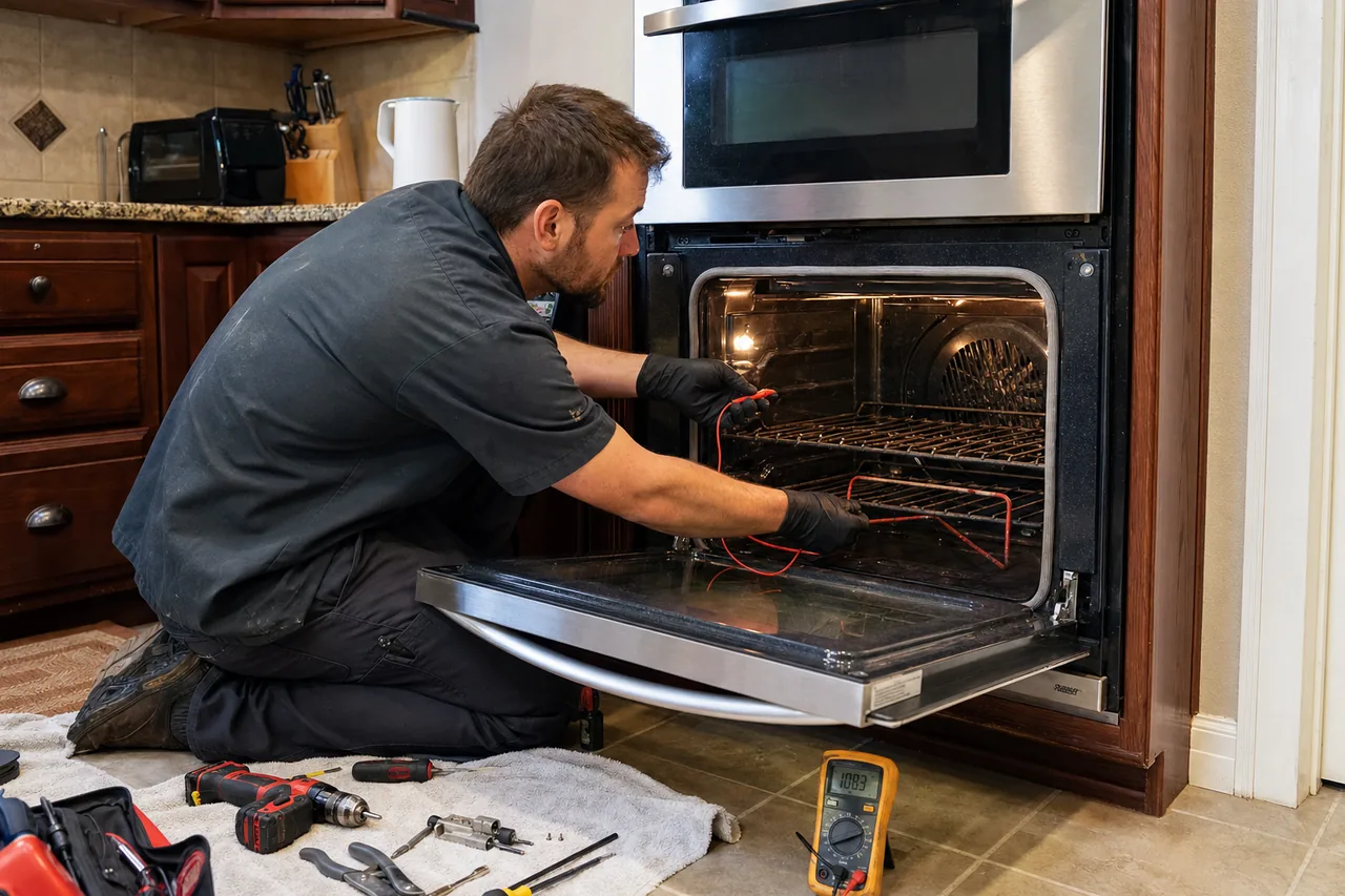 Technician servicing a built-in wall oven