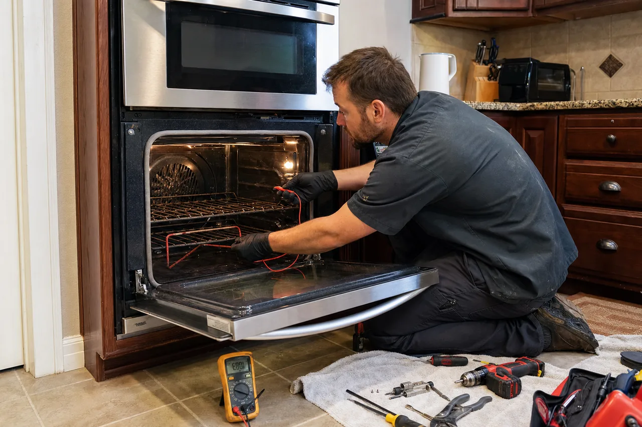 Technician servicing a built-in wall oven in a Manhasset kitchen