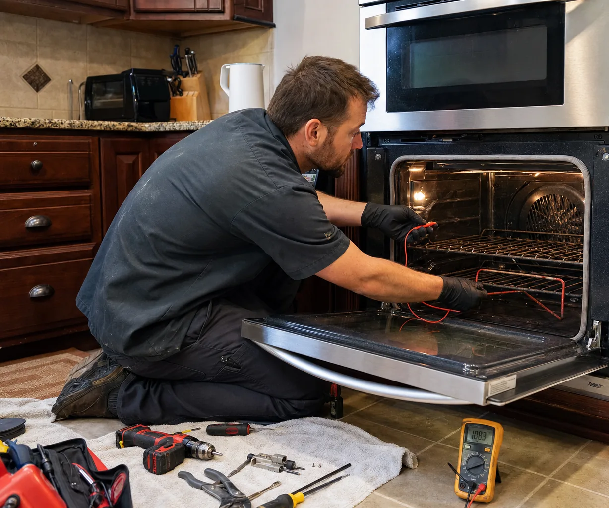 Technician servicing a built-in wall oven up close