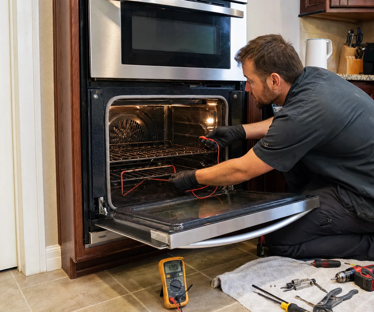 Technician servicing a built-in wall oven on a same-day visit