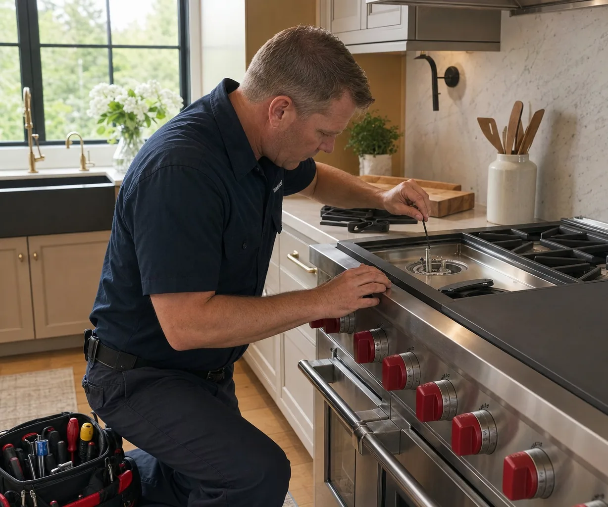 Technician servicing a stainless Wolf range in a Manhasset kitchen